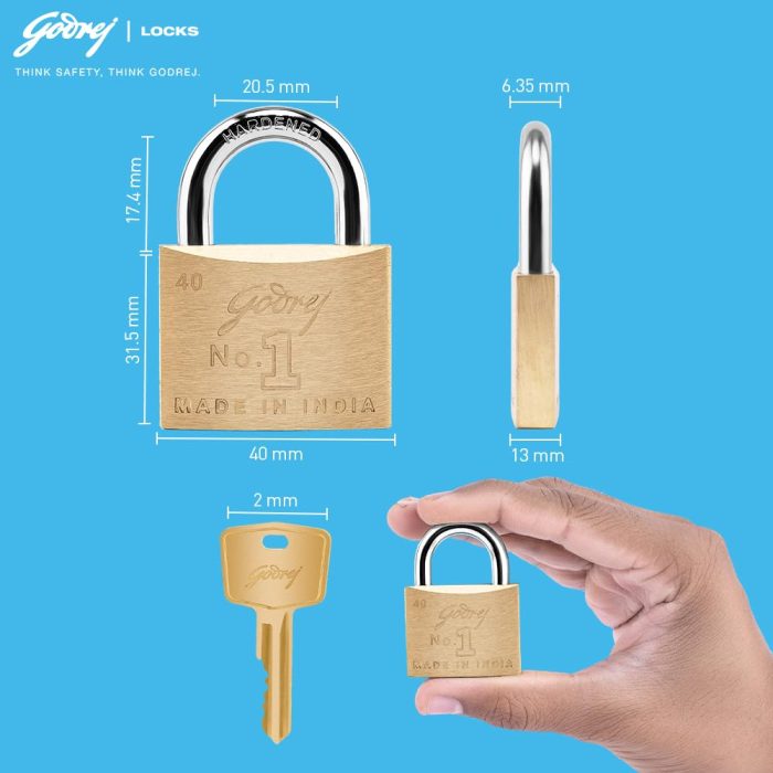 Godrej Square Padlock | Hardened Shackle Brass Finish Lock | 40mm | Gold