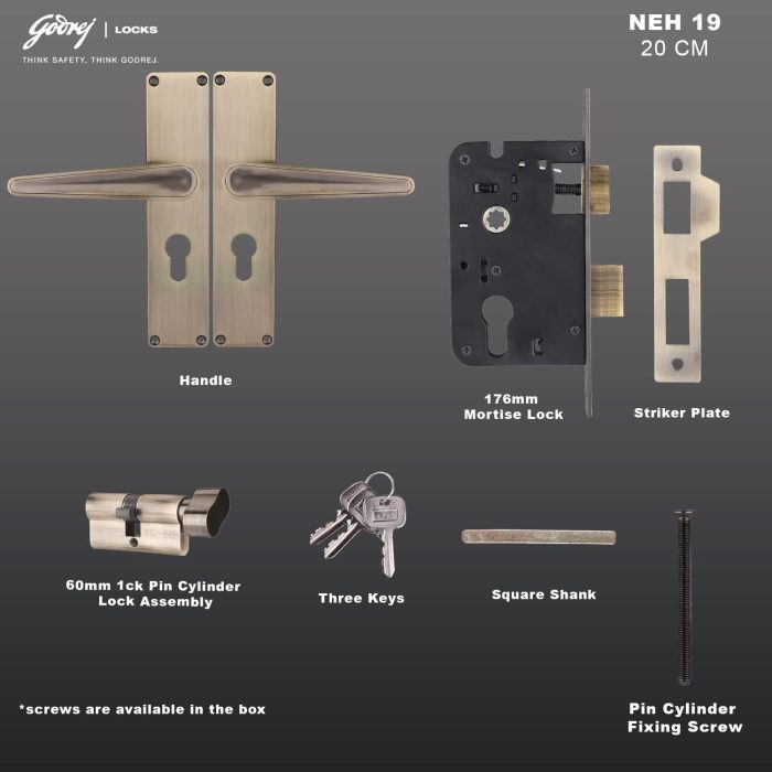 Godrej Mortise Door Handle Lock | NEH 19-1 CK | Antique Brass Polished Finish