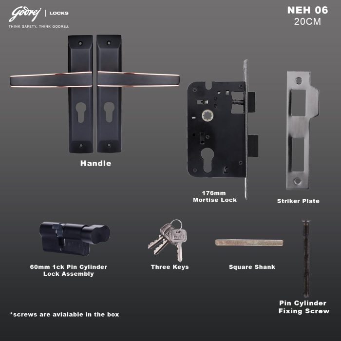 Godrej Mortise Lock I Mortise Door Handle Lock for Main & Internal Door in Residential & Commercial Spaces I NEH 06-1 CK I Matte Black Roses Finish..