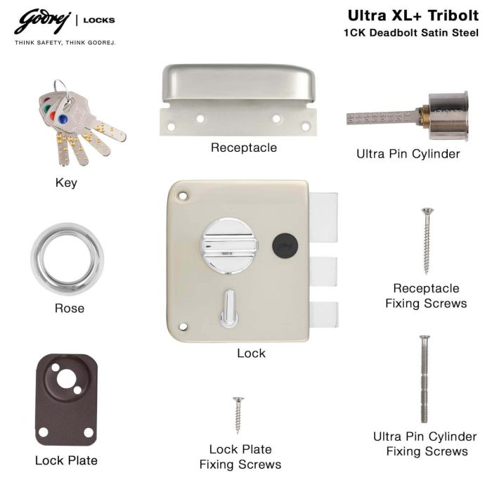 Godrej Ultra XL+ Tribolt 1CK Deadbolt Lock | Satin Nickel Finish