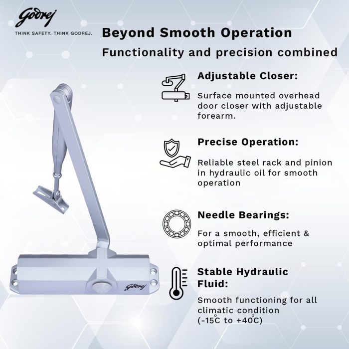 Godrej Hercules Door Closer | Rack and Pinion Mechanism | Silver Finish