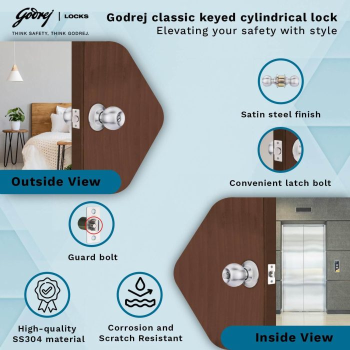 Godrej Cylindrical Classic Lock for Internal Wooden Door | Stainless Steel Finish