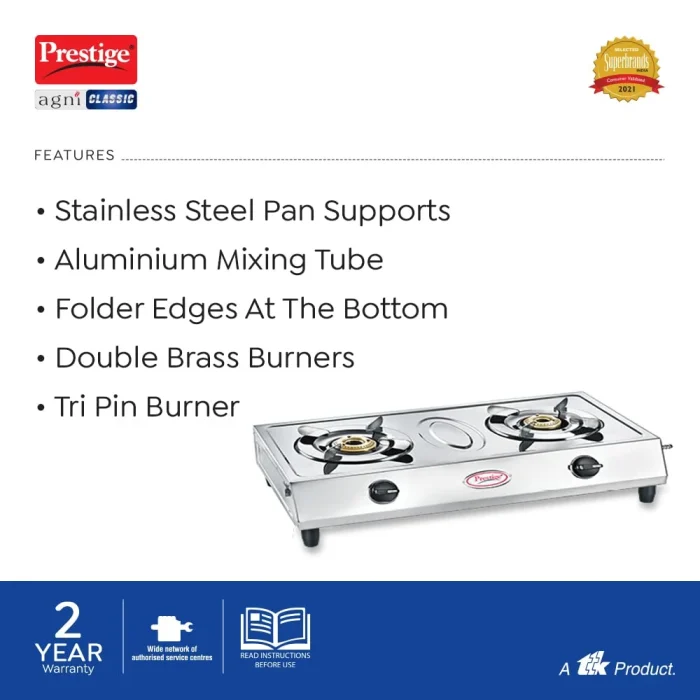 Prestige 2 Burner Gas Stove | Agni Classic | Stainless Steel
