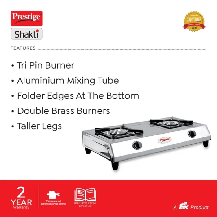Prestige Shakti Gas Stove | Stainless Steel | 2 Burner