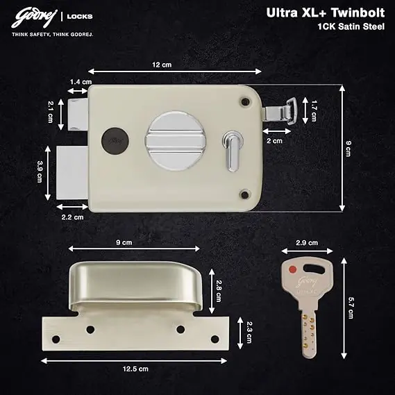 Godrej Rim Lock Ultra XL+Twinbolt 1Ck Latchbolt I Satin Nickel