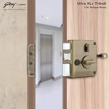 Godrej Ultra XL+ Tribolt 1CK Deadbolt Rim Lock | Inside Opening Wooden Door Rim Lock | Antique Brass
